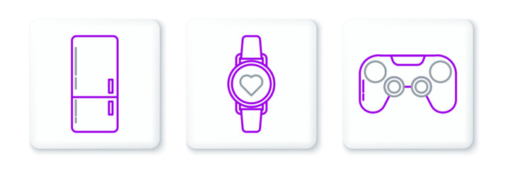 Canvas Print - Set line Gamepad, Refrigerator and Smart watch showing heart beat rate icon. Vector