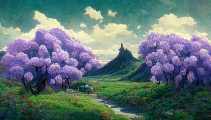 purple wisteria flower tree lush landscape mountain, breath of the wild style.