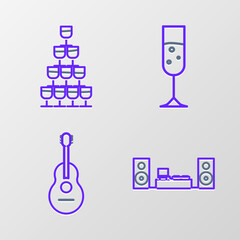 Sticker - Set line Home stereo with two speakers, Guitar, Glass of champagne and Wine glasses stacked in pyramid tower icon. Vector