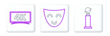 Set Line Trophy Golden Globe, And Comedy Theatrical Mask Icon. Vector