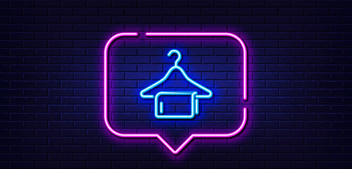 Neon light speech bubble. Clean towel line icon. Laundry hanger sign. Clothing cleaner symbol. Neon light background. Clean towel glow line. Brick wall banner. Vector