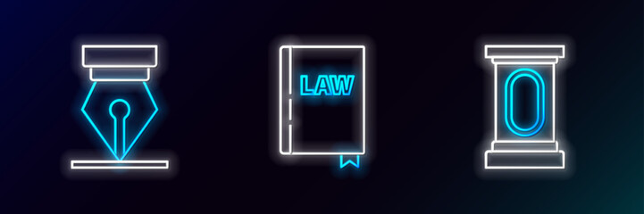 Wall Mural - Set line Stage stand or debate podium rostrum, Fountain pen nib and Law book icon. Glowing neon. Vector