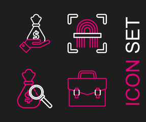 Poster - Set line Briefcase, Money bag and magnifying glass, Fingerprint and Hand holding money icon. Vector