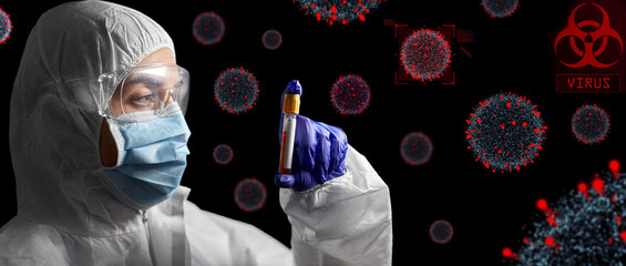 Wall Mural - medicine, health and pandemic concept - close up of doctor or scientist in face protective medical mask, goggles and gloves holding beaker with virus test over coronavirus virions on black background