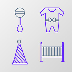 Poster - Set line Baby crib cradle bed, Party hat, clothes and Rattle baby toy icon. Vector