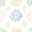 © Liubov - Botanical background from abstract wildflowers and herbs. seamless pattern summer floral background. Sketch drawing of pastel contours. vintage style. Printing on wallpaper, covers, bed linen