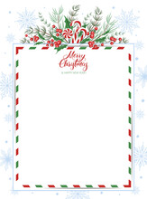 Blank Greeting Letter Merry Christmas And Happy New Year Decorated With Winter Plants And Snowflakes. Vector Illustration