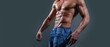 Banner templates with muscular man, muscular torso, six pack abs muscle. Fashion portrait of strong brutal guy. Sexy torso. Male flexing his muscles. Sport workout bodybuilding concep.