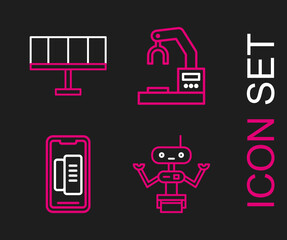 Poster - Set line Robot, Smartphone, mobile phone, Robotic robot arm hand factory and Solar energy panel icon. Vector