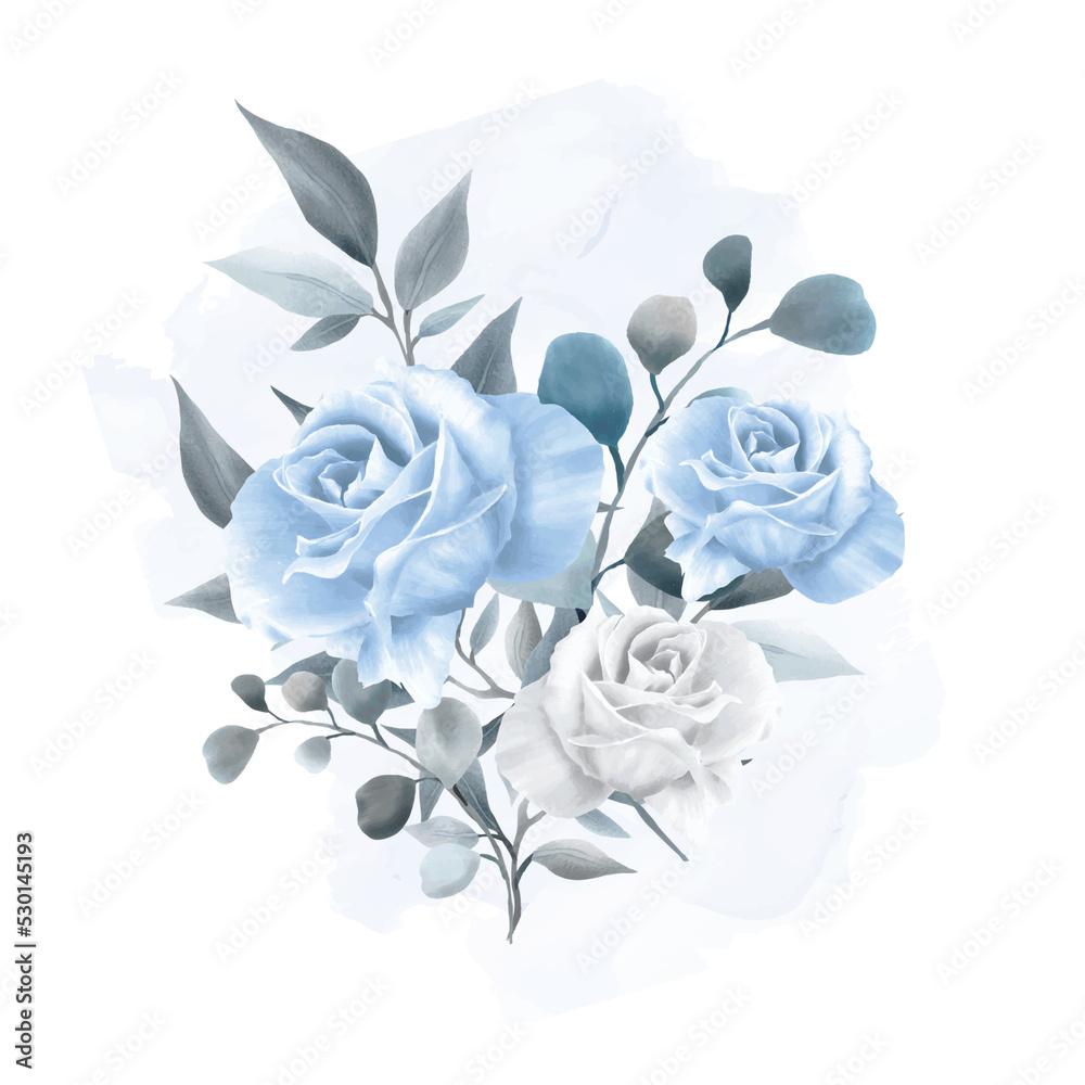 Set of watercolor floral frame bouquets of navy and blue roses and ...