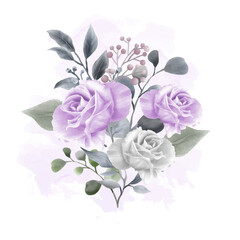 Wall Mural - Set of watercolor floral frame bouquets of navy and purple roses and leaves. Botanic decoration illustration for wedding card, fabric, and logo composition