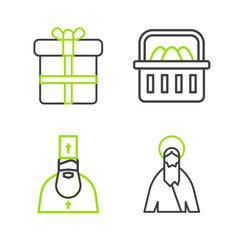 Sticker - Set line Jesus Christ, Priest, Basket with easter eggs and Gift box icon. Vector