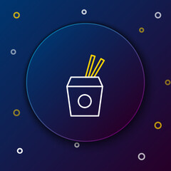 Sticker - Line Asian noodles in paper box and chopsticks icon isolated on blue background. Street fast food. Korean, Japanese, Chinese food. Colorful outline concept. Vector