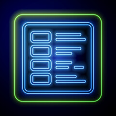 Wall Mural - Glowing neon Business finance report icon isolated on blue background. Audit and analysis, document, plan symbol. Vector