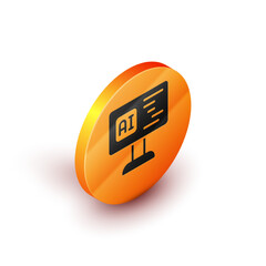 Poster - Isometric Software, web developer programming code icon isolated on white background. Javascript computer script random parts of program code. Orange circle button. Vector