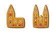 Set of Gingerbread cookies in shape of churches. Winter homemade sweets in shape of house and cottage. Cute spice baked biscuit with candy and decorative icing. Cartoon Vector illustration