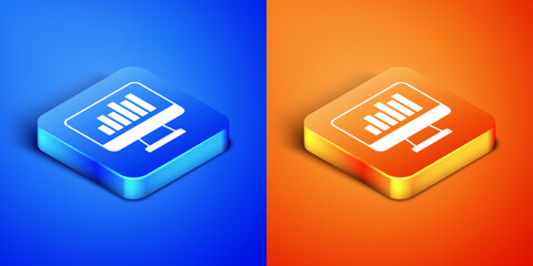 Poster - isometric computer monitor with graph chart icon isolated on blue and orange background. report text