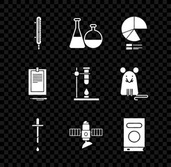 Sticker - Set Meteorology thermometer measuring, Test tube and flask chemical laboratory, Pie chart infographic, Pipette, Satellite, Book, Clipboard with document and Glass test on fire heater icon. Vector