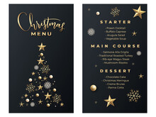 Vector Christmas Menu Template For Restaurant On The Dark Background With Golden Text And Elements. Merry Christmas Menu Printable Template	
