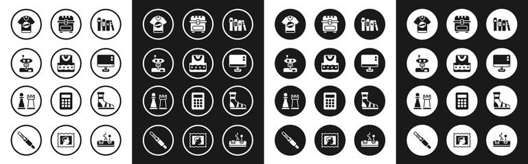 Wall Mural - Set Book, Waistcoat, Robot, T-shirt, Computer monitor screen, Antique treasure chest, Slippers with socks and Chess icon. Vector