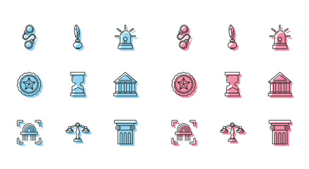 Sticker - Set line Fingerprint, Scales of justice, Handcuffs, Law pillar, Old hourglass, Courthouse building, Police badge and Feather inkwell icon. Vector