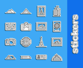 Wall Mural - Set line Globe with flying plane, Postal stamp and Egypt pyramids, Passport biometric data, Eiffel tower, Suitcase for travel stickers, pages visa stamps, Mountains and icon. Vector