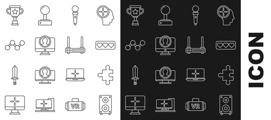 Canvas Print - Set line Stereo speaker, Piece of puzzle, Like and heart, Joystick for arcade machine, Create account screen, Share, Award cup and Router wi-fi signal icon. Vector