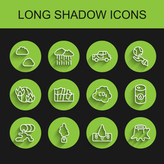 Sticker - Set line Barrel oil leak, Tree, Cloud, Deforestation, stump, Glacier melting, and CO2 emissions cloud icon. Vector