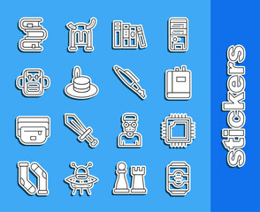 Sticker - Set line Energy drink, Processor with CPU, Book, Man hat, School backpack, and Fountain pen nib icon. Vector