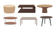 © MVshop - Set of wooden tables in cartoon style. Vector illustration of round and square coffee tables for home interiors on white background.
