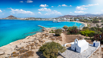 Wall Mural - panoramic view to the bay, beach and church of agia anna, naxos island, cyclades, greece, with turqu
