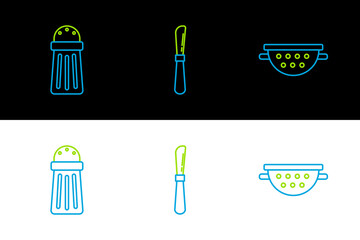 Sticker - Set line Kitchen colander, Salt and Knife icon. Vector