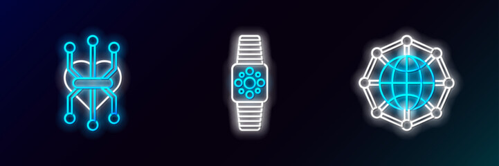 Sticker - Set line Global technology or social network, Processor and Smartwatch icon. Glowing neon. Vector