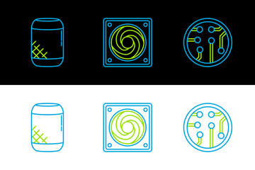 Sticker - Set line Processor, Voice assistant and Computer cooler icon. Vector