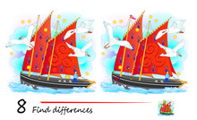 Find 8 Differences. Illustration Of Ancient Celtic Sailboat And Seagulls. Logic Puzzle Game For Children And Adults. Page For Kids Brain Teaser Book. Developing Counting Skills. Vector Drawing.