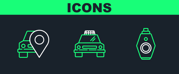 Poster - Set line Car key with remote, Map pointer taxi and Taxi car icon. Vector