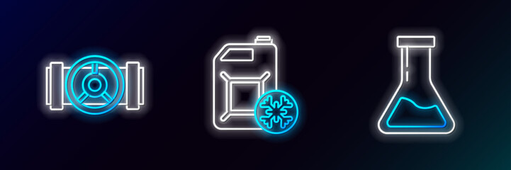 Poster - set line test tube and flask, industry metallic pipes valve and antifreeze canister icon. glowing ne