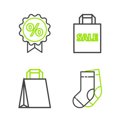 Poster - Set line Socks, Paper shopping bag, Shoping with Sale and Discount percent tag icon. Vector