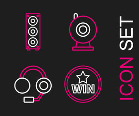 Poster - Set line Medal, Headphones, Web camera and Stereo speaker icon. Vector