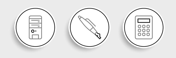 Poster - Set line Calculator, Computer and Fountain pen nib icon. Vector