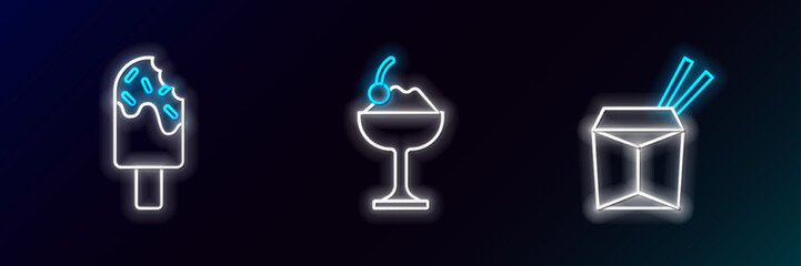 Set line Asian noodles and chopsticks, Ice cream and in bowl icon. Glowing neon. Vector