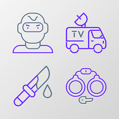 Wall Mural - Set line Handcuffs, Bloody knife, TV News car and Thief mask icon. Vector