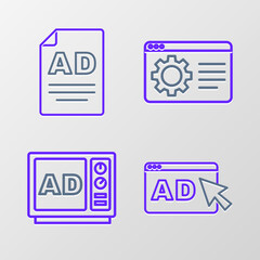 Poster - Set line Advertising, Browser setting and icon. Vector