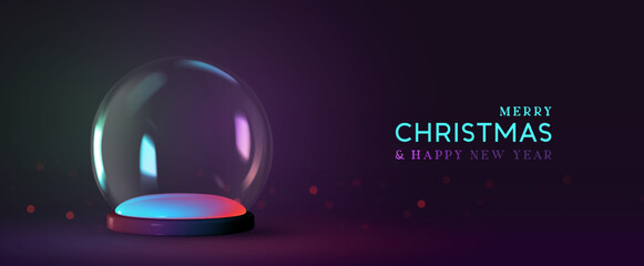 Christmas glowing glass winter snow balls in neon light. Realistic 3d design magical sphere transparent. Holiday decoration objects. Template podium studio. Xmas background. Vector illustration