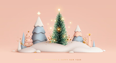 Poster - Christmas trees in snow drifts festive realistic 3d new year composition. Soft pastel color blue and pink white. Xmas minimal abstract background. Vector illustration