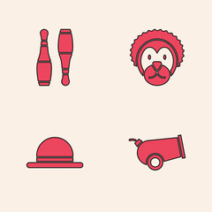 Poster - Set Cannon, Bowling pin, Wild lion and Clown hat icon. Vector