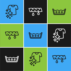 Sticker - Set line Drying clothes, Temperature wash and Squeeze icon. Vector