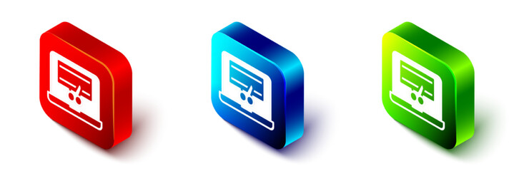 Poster - Isometric Video recorder or editor software on laptop icon isolated on white background. Video editing on a laptop. Red, blue and green square button. Vector