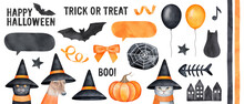 Halloween Watercolor Illustration Set With Different Animals, Text Messages, Streamers, Halloween Symbols And Shapes In Black And Orange Color. Hand Painted Clipart On White Background For Design.