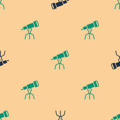 Poster - Green and black Telescope icon isolated seamless pattern on beige background. Scientific tool. Education and astronomy element, spyglass and study stars. Vector